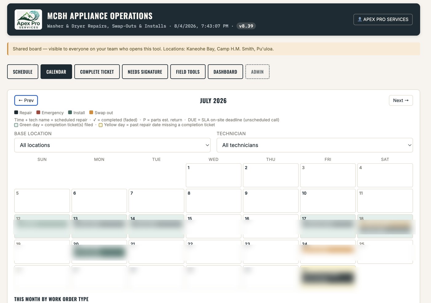 Monthly schedule view with repairs, SLA deadlines and completion status