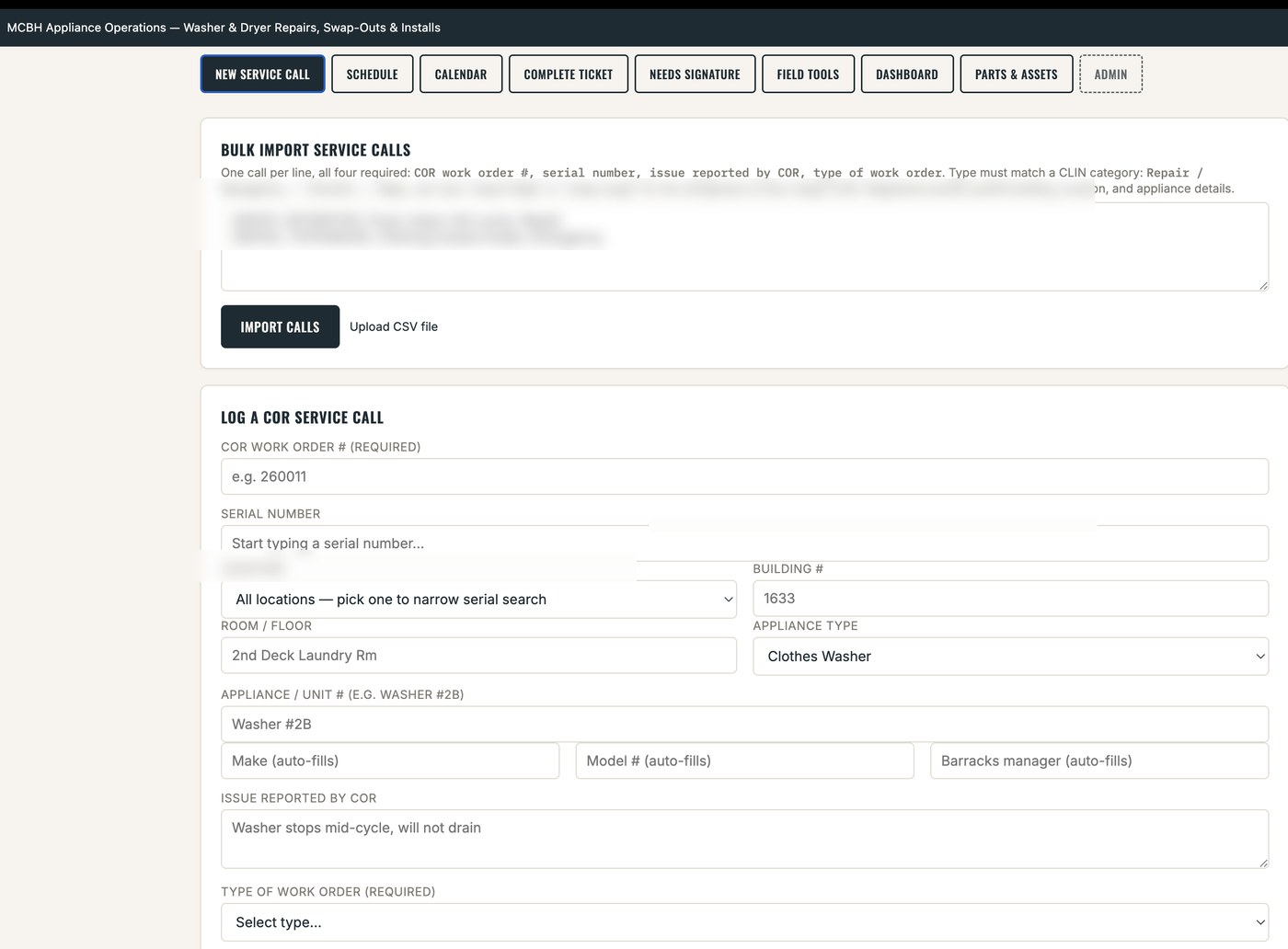 Service call intake form with bulk import and serial number autofill