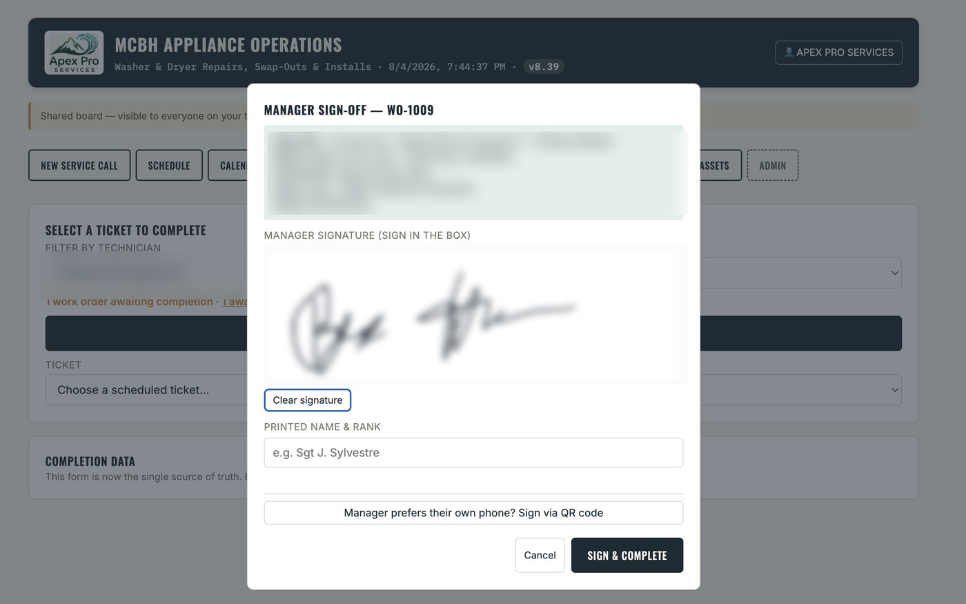 Government manager signature captured at ticket closeout