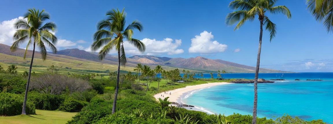 Hawaiian coastline with mountains and palms