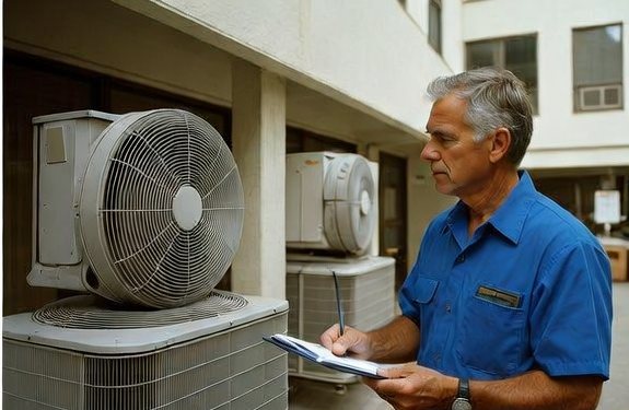 Technician recording readings beside condenser units