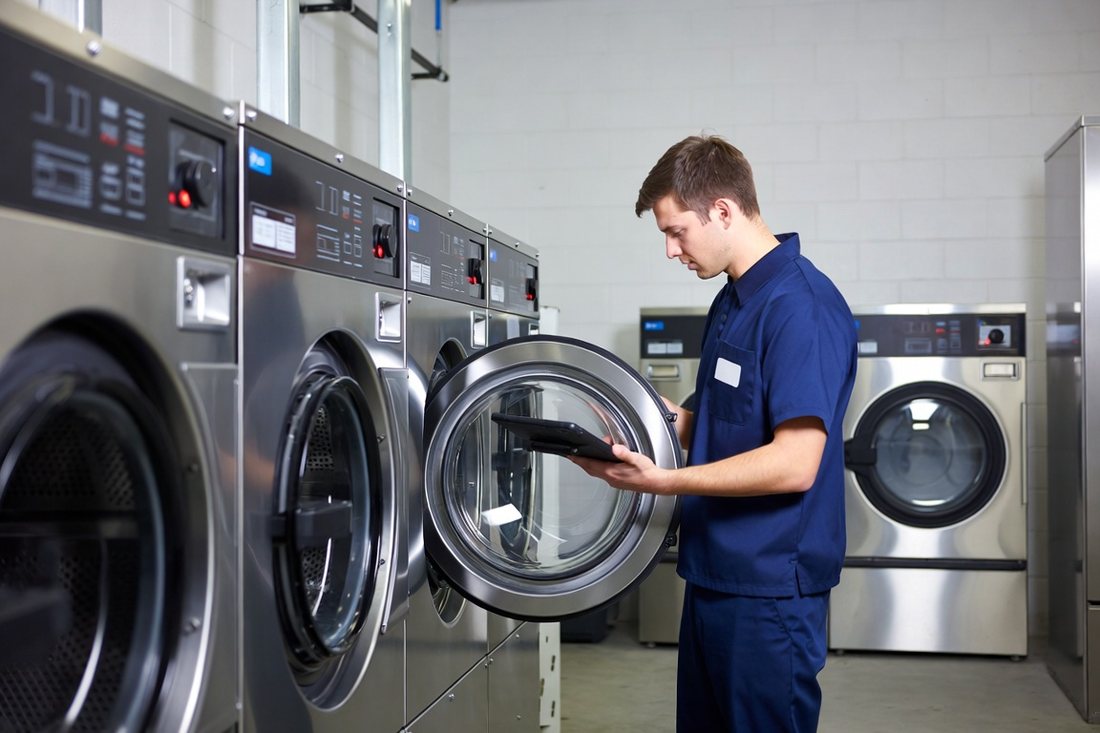 Technician with a tablet at a commercial washer