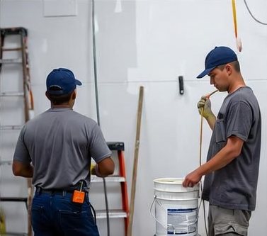 Crew prepping interior walls for repair
