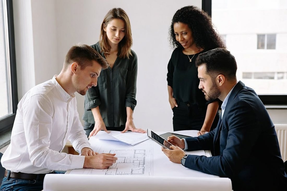 Team reviewing drawings around a table