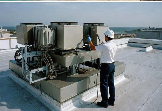 Rooftop mechanical equipment being serviced