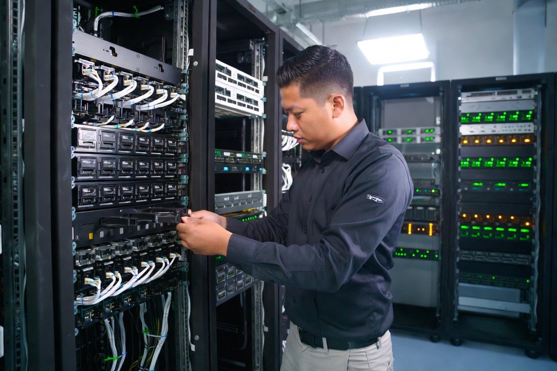 Technician working at a server rack